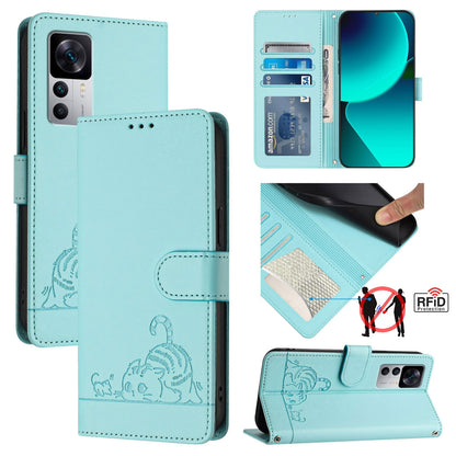 Xiaomi Redmi K50 Ultra Cat and Rat Embossed Pattern, RFID Leather Phone Case with Lanyard, Kickstand, and Wallet Features