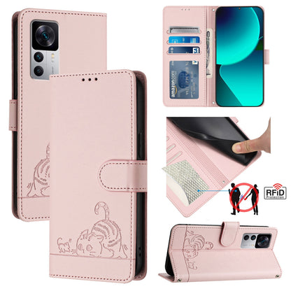 Xiaomi Redmi K50 Ultra Cat and Rat Embossed Pattern, RFID Leather Phone Case with Lanyard, Kickstand, and Wallet Features