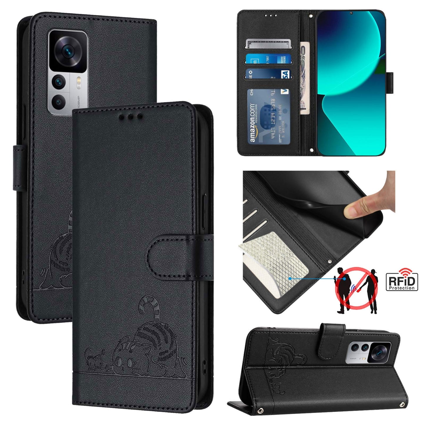 Xiaomi Redmi K50 Ultra Cat and Rat Embossed Pattern, RFID Leather Phone Case with Lanyard, Kickstand, and Wallet Features