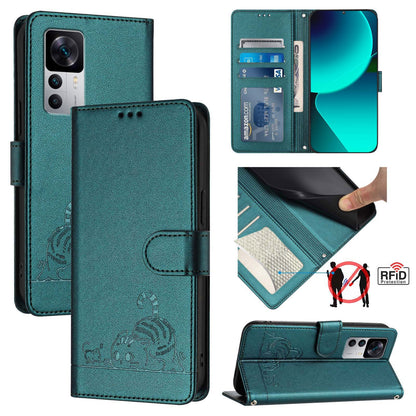 Xiaomi Redmi K50 Ultra Cat and Rat Embossed Pattern, RFID Leather Phone Case with Lanyard, Kickstand, and Wallet Features