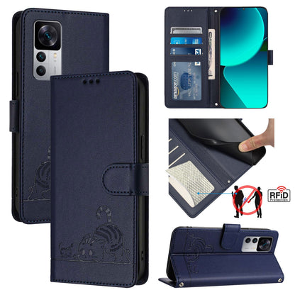 Xiaomi Redmi K50 Ultra Cat and Rat Embossed Pattern, RFID Leather Phone Case with Lanyard, Kickstand, and Wallet Features