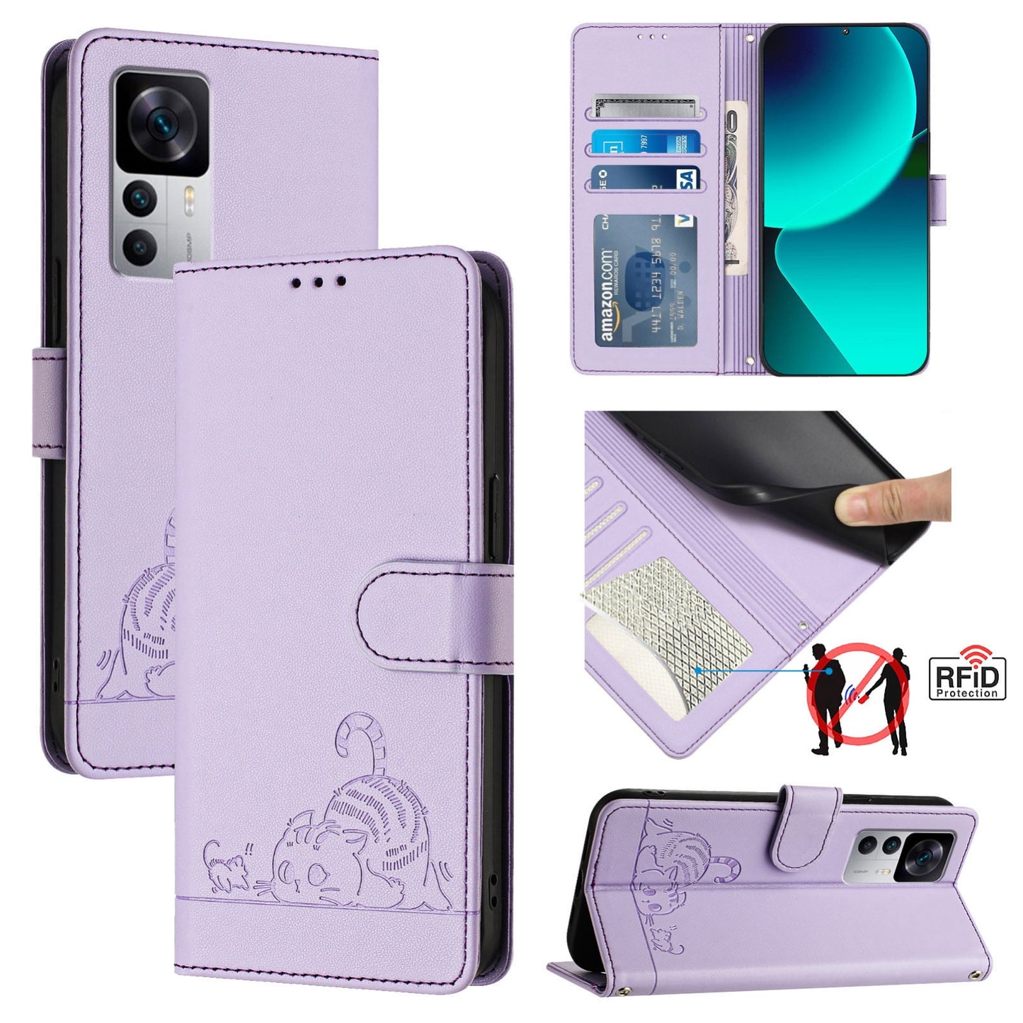 Xiaomi Redmi K50 Ultra Cat and Rat Embossed Pattern, RFID Leather Phone Case with Lanyard, Kickstand, and Wallet Features