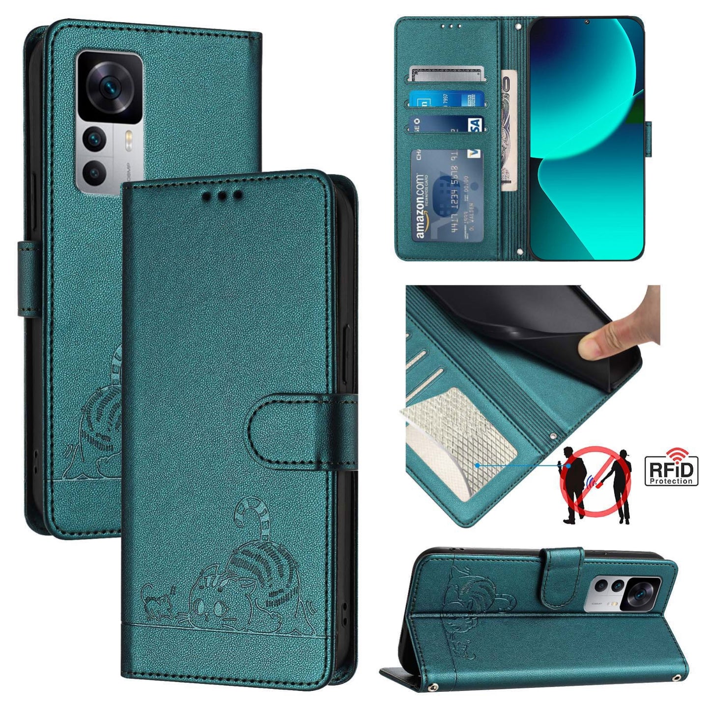 Xiaomi 12T Pro Cat and Rat Embossed Pattern, RFID Leather Phone Case with Lanyard, Kickstand, and Wallet Features