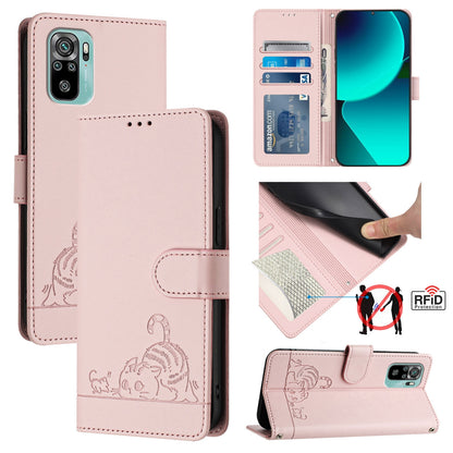 Xiaomi POCO M5S 4G Cat and Rat Embossed Pattern, RFID Leather Phone Case with Lanyard, Kickstand, and Wallet Features