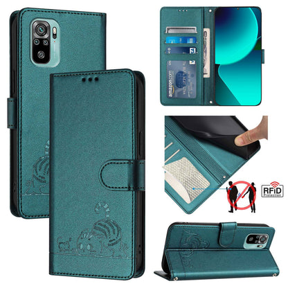 Xiaomi POCO M5S 4G Cat and Rat Embossed Pattern, RFID Leather Phone Case with Lanyard, Kickstand, and Wallet Features