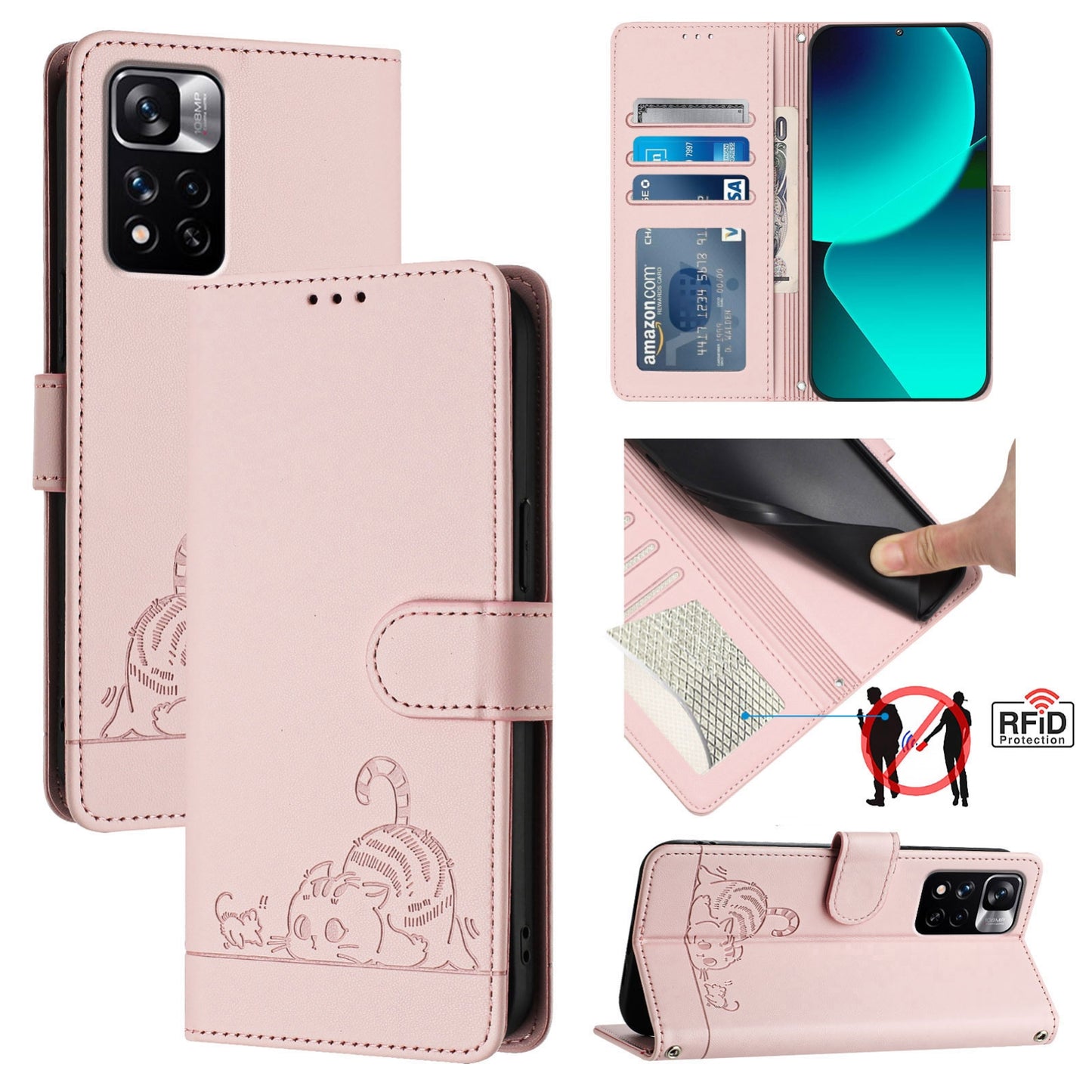 Xiaomi Redmi Note 11 Pro 4G Global Cat and Rat Embossed Pattern, RFID Leather Phone Case with Lanyard, Kickstand, and Wallet Features