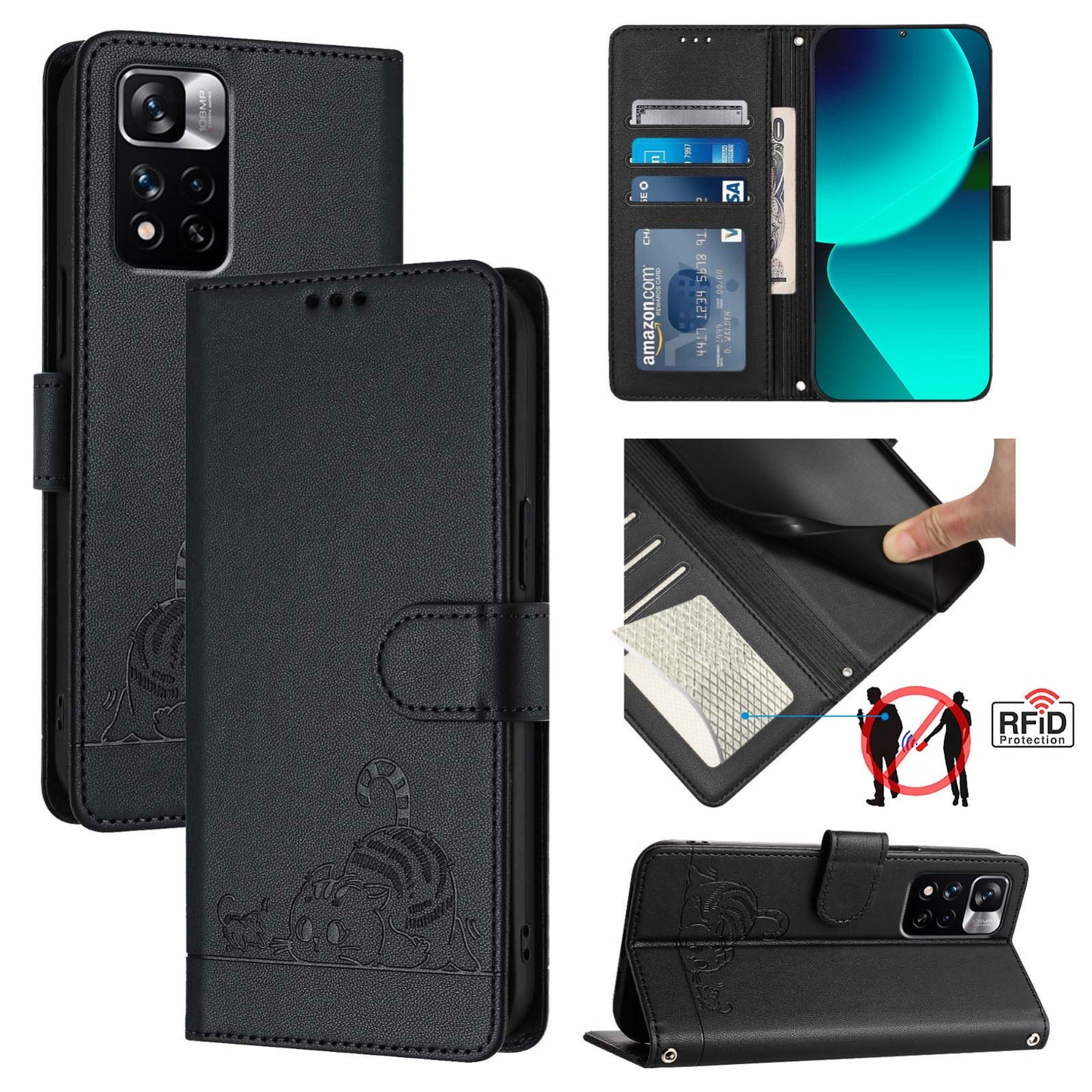 Xiaomi Redmi Note 11 Pro 4G Global Cat and Rat Embossed Pattern, RFID Leather Phone Case with Lanyard, Kickstand, and Wallet Features