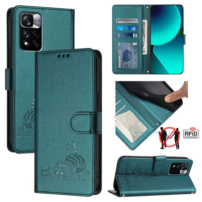 Xiaomi Redmi Note 11 Pro 4G Global Cat and Rat Embossed Pattern, RFID Leather Phone Case with Lanyard, Kickstand, and Wallet Features