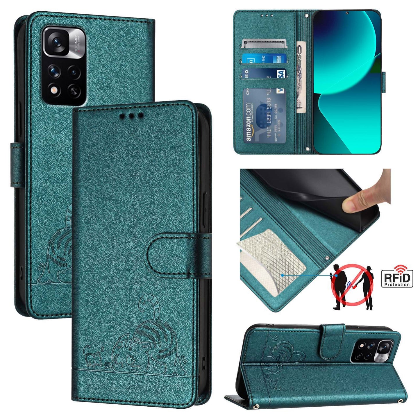 Xiaomi Redmi Note 11 Pro+ 5G Global Cat and Rat Embossed Pattern, RFID Leather Phone Case with Lanyard, Kickstand, and Wallet Features