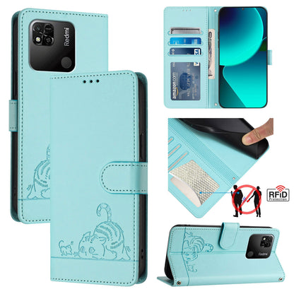 Xiaomi Redmi 10A Cat and Rat Embossed Pattern, RFID Leather Phone Case with Lanyard, Kickstand, and Wallet Features