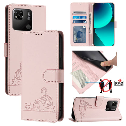 Xiaomi Redmi 10A Cat and Rat Embossed Pattern, RFID Leather Phone Case with Lanyard, Kickstand, and Wallet Features