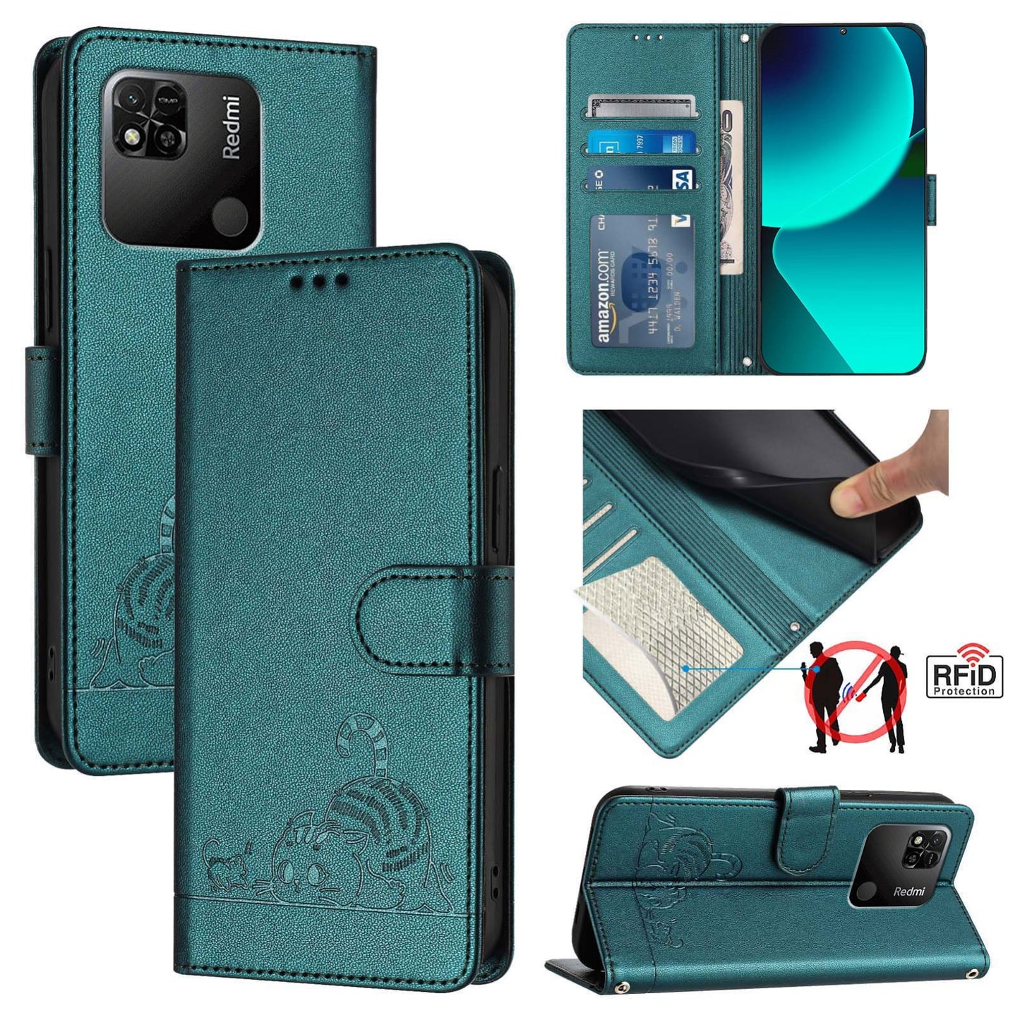 Xiaomi Redmi 10A Cat and Rat Embossed Pattern, RFID Leather Phone Case with Lanyard, Kickstand, and Wallet Features