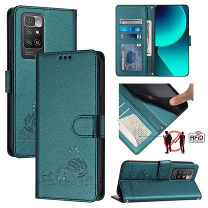 Xiaomi Redmi 10 4G 2021 Global Cat and Rat Embossed Pattern, RFID Leather Phone Case with Lanyard, Kickstand, and Wallet Features