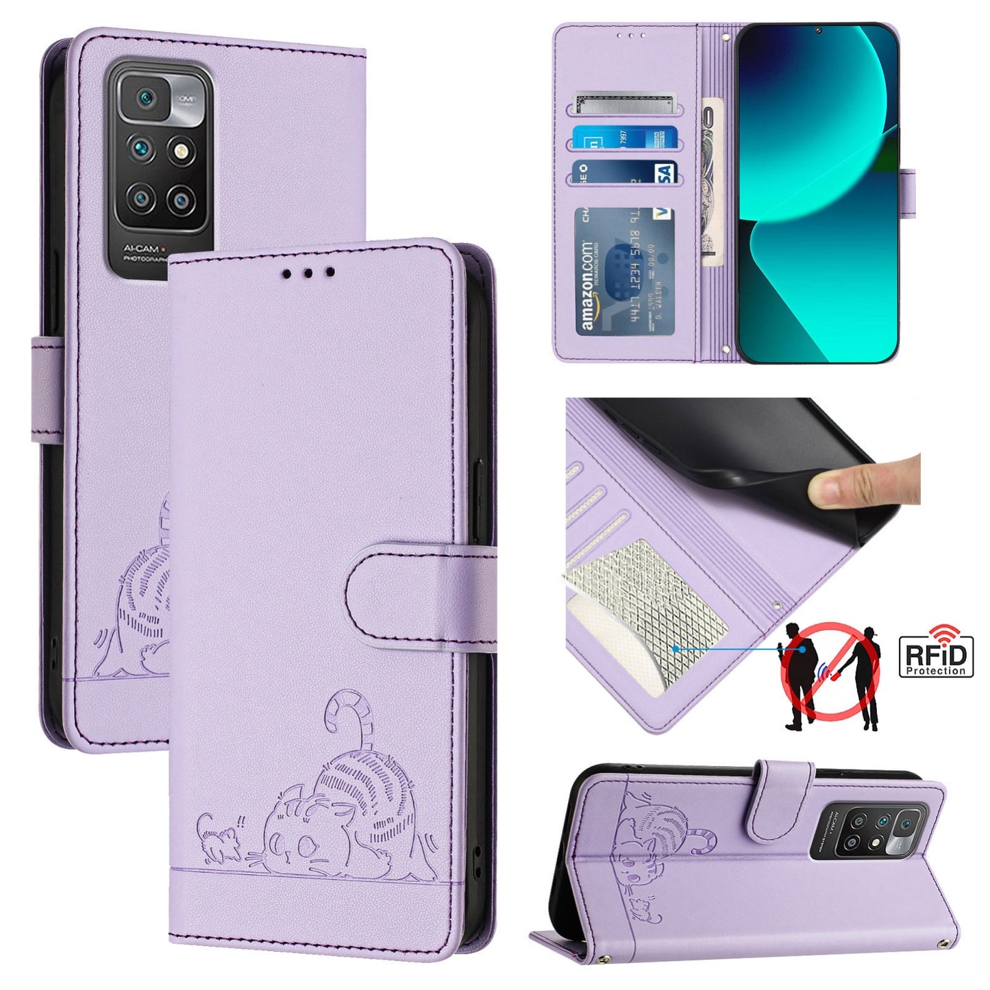 Xiaomi Redmi 10 4G 2021 Global Cat and Rat Embossed Pattern, RFID Leather Phone Case with Lanyard, Kickstand, and Wallet Features