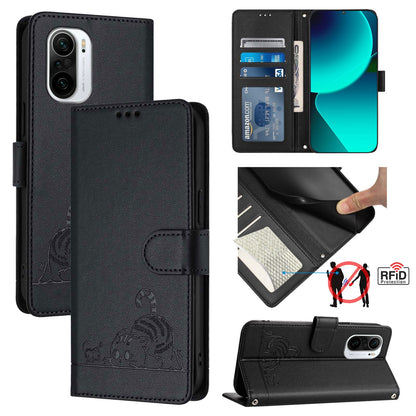 Xiaomi POCO F3 Cat and Rat Embossed Pattern, RFID Leather Phone Case with Lanyard, Kickstand, and Wallet Features