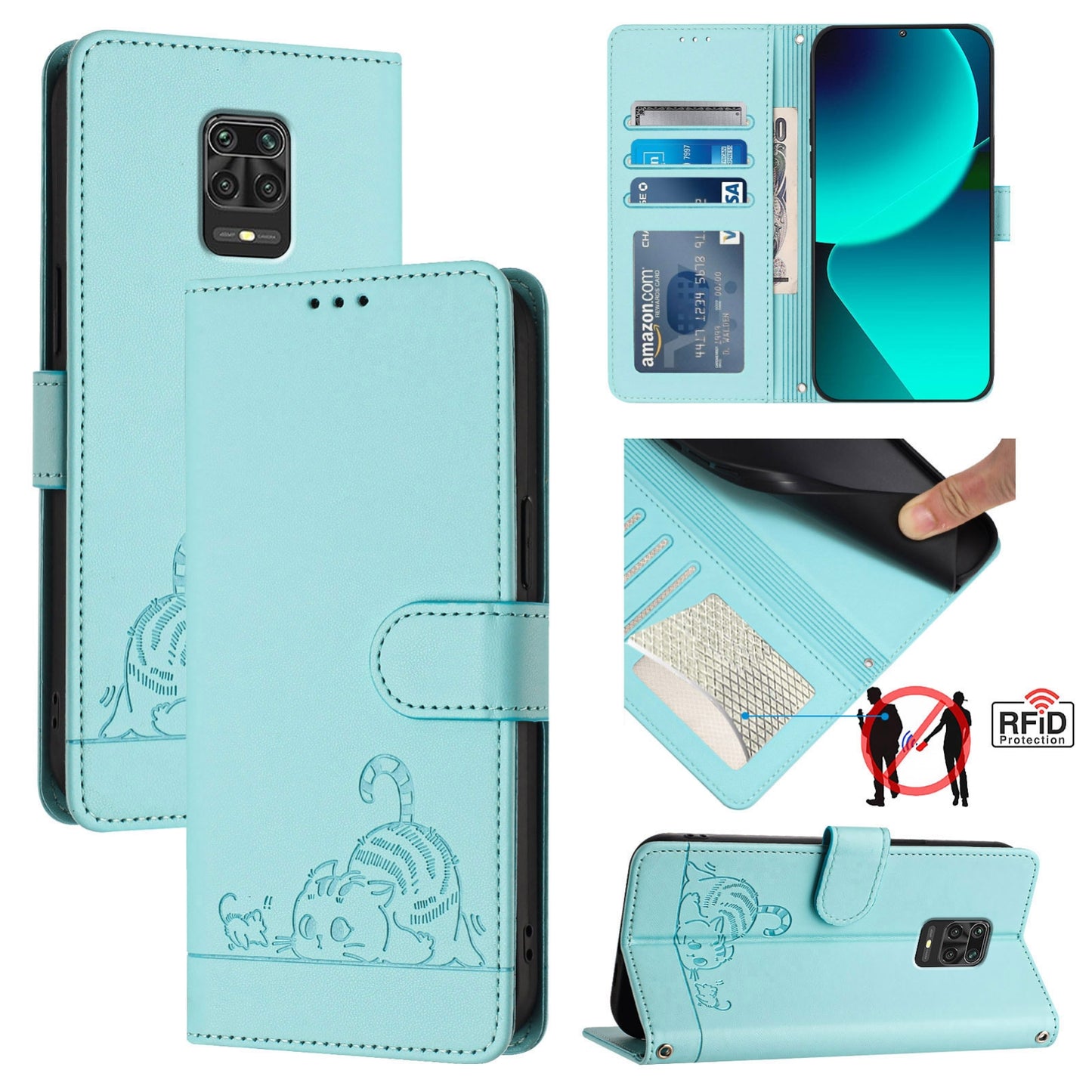 Xiaomi Redmi Note 10 Lite Cat and Rat Embossed Pattern, RFID Leather Phone Case with Lanyard, Kickstand, and Wallet Features