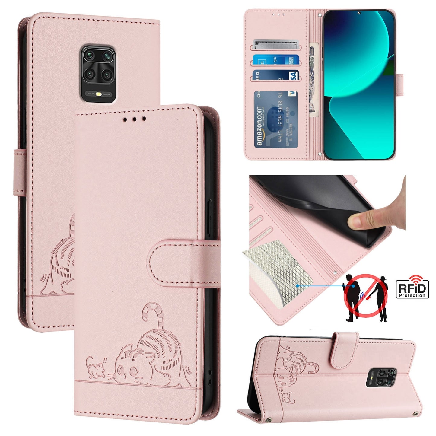 Xiaomi Redmi Note 10 Lite Cat and Rat Embossed Pattern, RFID Leather Phone Case with Lanyard, Kickstand, and Wallet Features