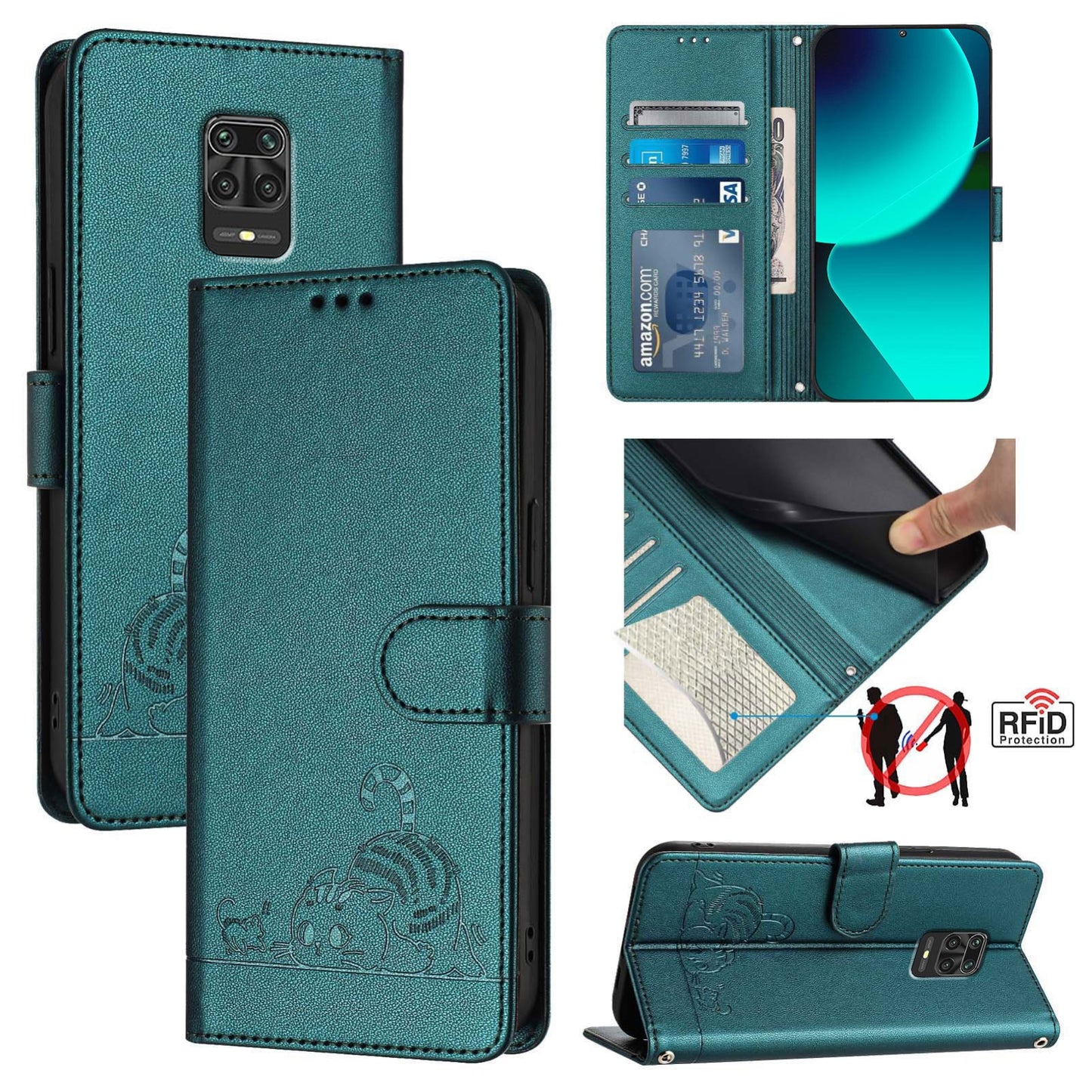 Xiaomi Redmi Note 10 Lite Cat and Rat Embossed Pattern, RFID Leather Phone Case with Lanyard, Kickstand, and Wallet Features