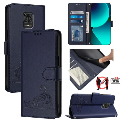 Xiaomi Redmi Note 10 Lite Cat and Rat Embossed Pattern, RFID Leather Phone Case with Lanyard, Kickstand, and Wallet Features