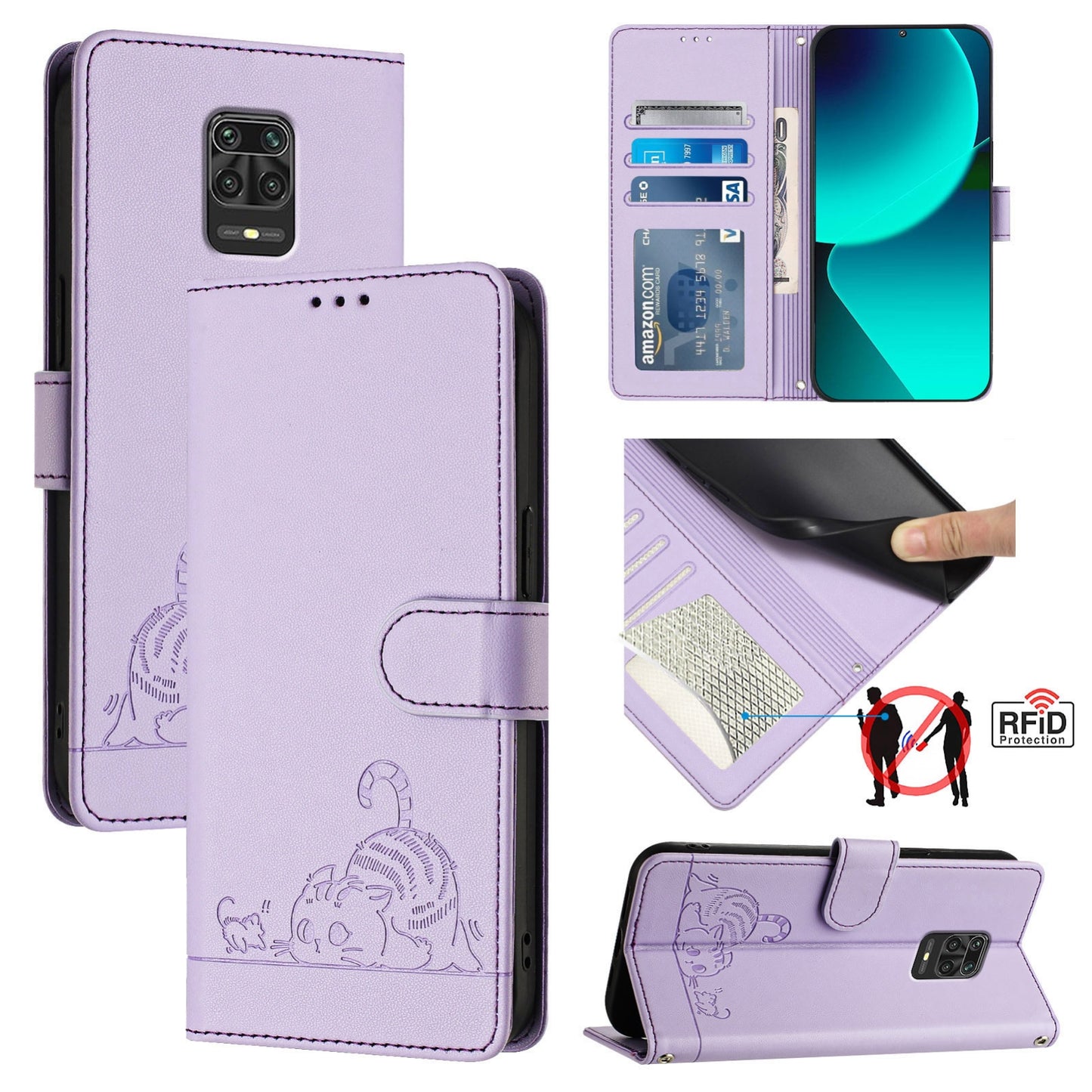 Xiaomi Redmi Note 10 Lite Cat and Rat Embossed Pattern, RFID Leather Phone Case with Lanyard, Kickstand, and Wallet Features