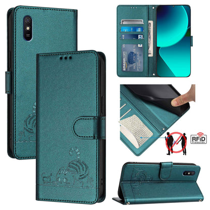 Xiaomi Redmi 9A Cat and Rat Embossed Pattern, RFID Leather Phone Case with Lanyard, Kickstand, and Wallet Features