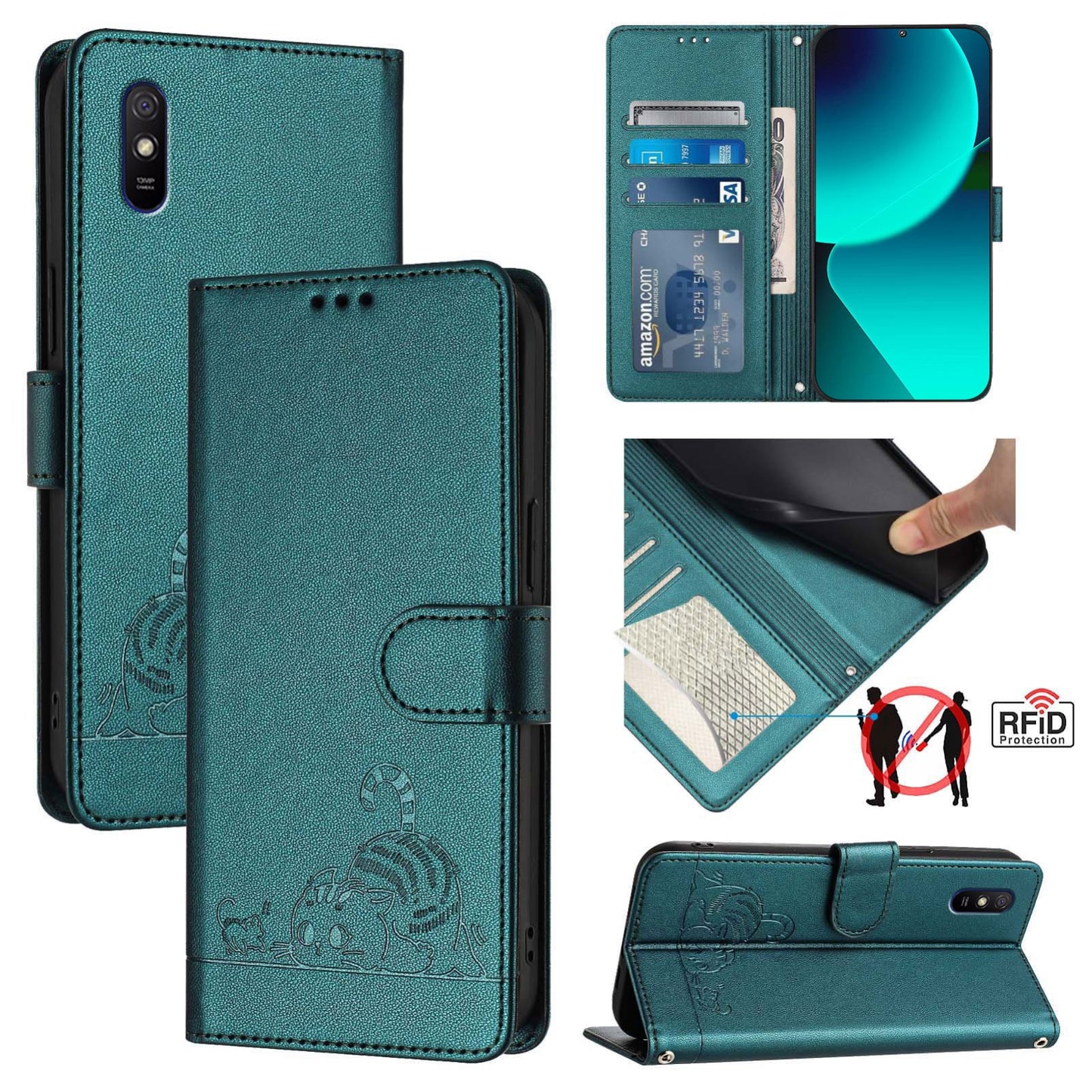 Xiaomi Redmi 9AT Cat and Rat Embossed Pattern, RFID Leather Phone Case with Lanyard, Kickstand, and Wallet Features