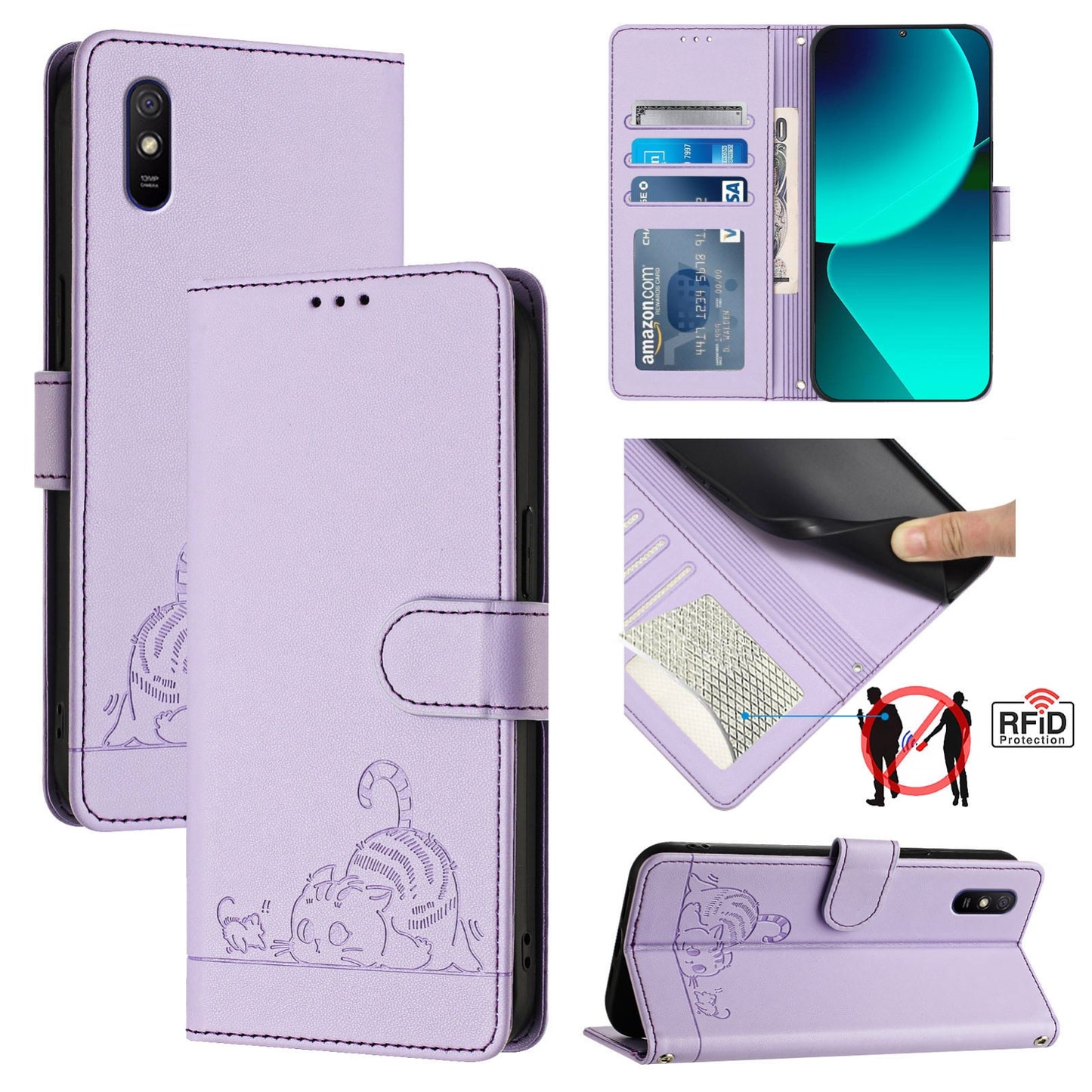 Xiaomi Redmi 9A Cat and Rat Embossed Pattern, RFID Leather Phone Case with Lanyard, Kickstand, and Wallet Features