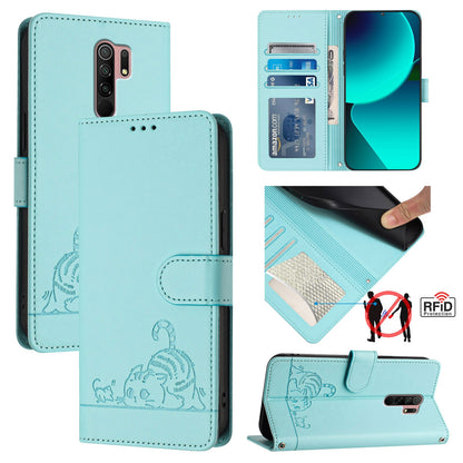 Xiaomi Redmi 9 Prime India Cat and Rat Embossed Pattern, RFID Leather Phone Case with Lanyard, Kickstand, and Wallet Features