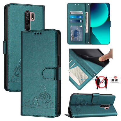 Xiaomi Redmi 9 Prime India Cat and Rat Embossed Pattern, RFID Leather Phone Case with Lanyard, Kickstand, and Wallet Features