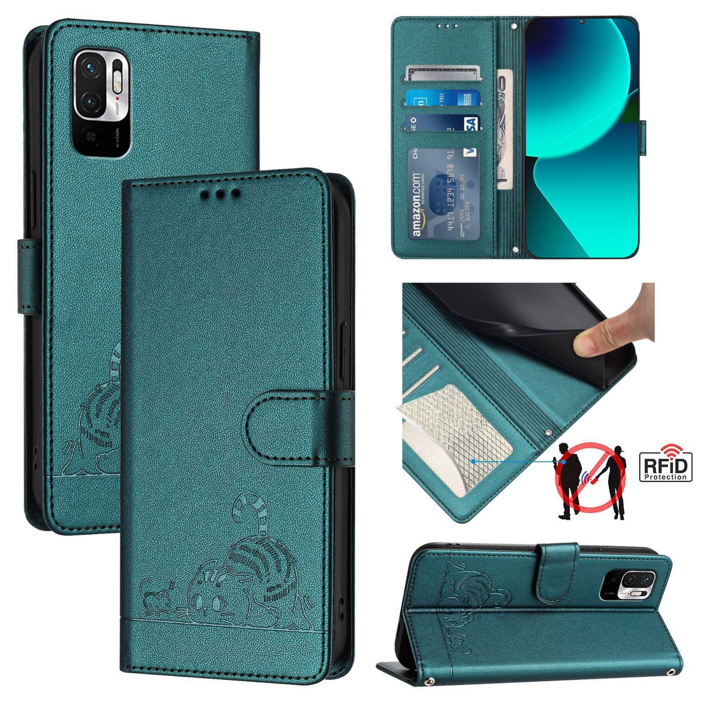 Xiaomi Redmi Note 10 5G Cat and Rat Embossed Pattern, RFID Leather Phone Case with Lanyard, Kickstand, and Wallet Features