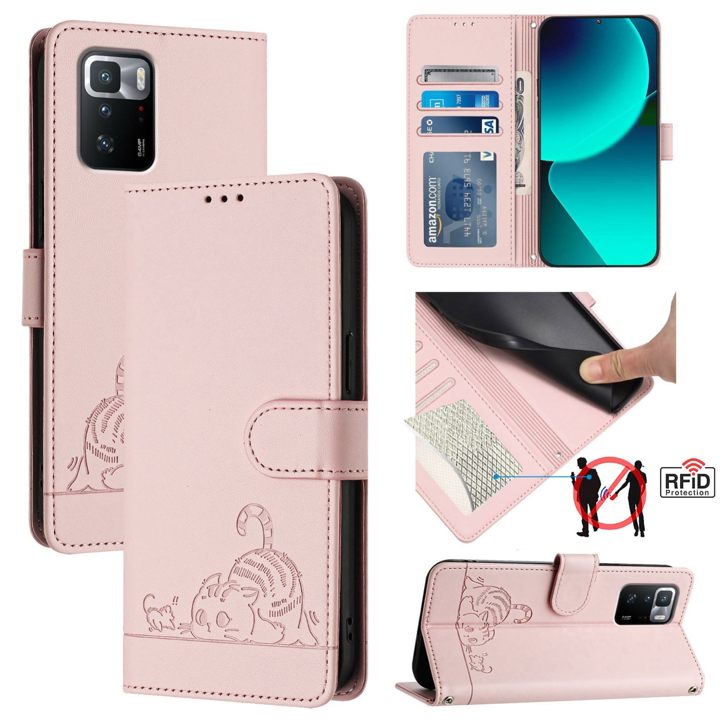 Xiaomi POCO X3 GT Cat and Rat Embossed Pattern, RFID Leather Phone Case with Lanyard, Kickstand, and Wallet Features