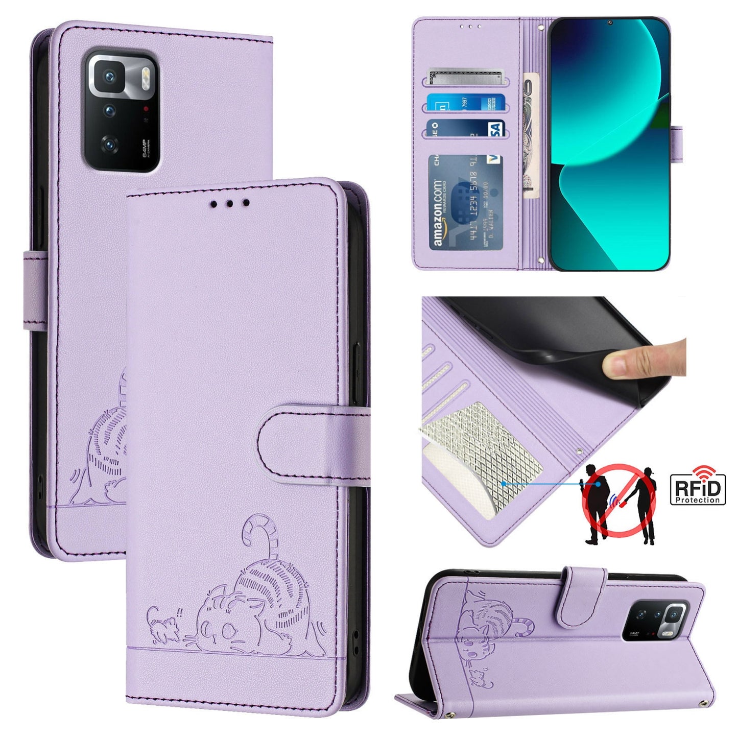 Xiaomi POCO X3 GT Cat and Rat Embossed Pattern, RFID Leather Phone Case with Lanyard, Kickstand, and Wallet Features