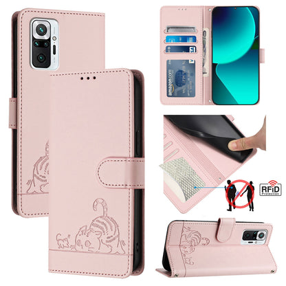 Xiaomi Redmi Note 10 Pro Max Cat and Rat Embossed Pattern, RFID Leather Phone Case with Lanyard, Kickstand, and Wallet Features