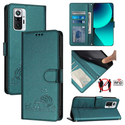 Xiaomi Redmi Note 10 Pro Max Cat and Rat Embossed Pattern, RFID Leather Phone Case with Lanyard, Kickstand, and Wallet Features