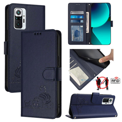 Xiaomi Redmi Note 10 Pro Max Cat and Rat Embossed Pattern, RFID Leather Phone Case with Lanyard, Kickstand, and Wallet Features