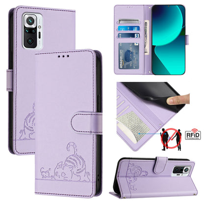 Xiaomi Redmi Note 10 Pro Max Cat and Rat Embossed Pattern, RFID Leather Phone Case with Lanyard, Kickstand, and Wallet Features