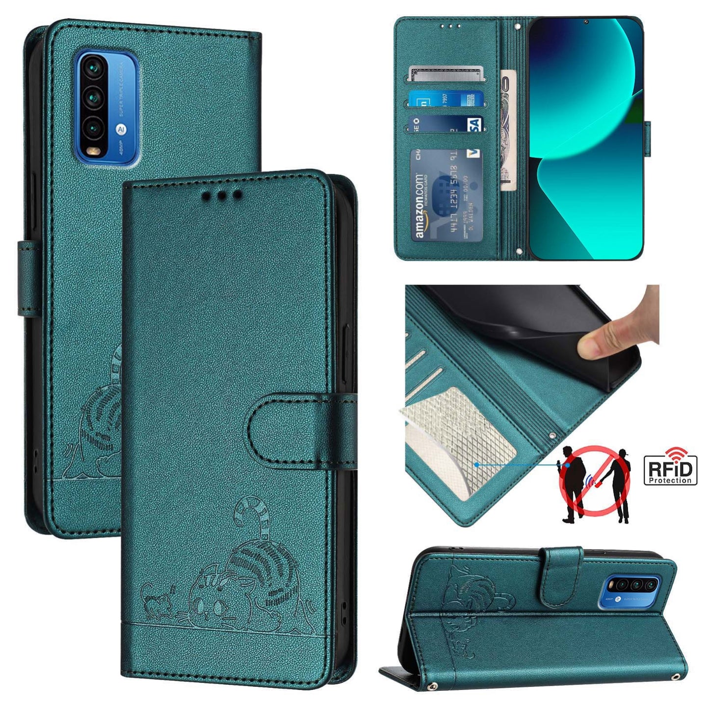 Xiaomi Redmi 9 Power Cat and Rat Embossed Pattern, RFID Leather Phone Case with Lanyard, Kickstand, and Wallet Features