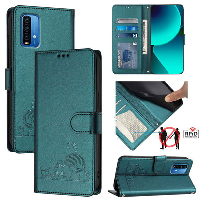 Xiaomi Redmi 9 Power Cat and Rat Embossed Pattern, RFID Leather Phone Case with Lanyard, Kickstand, and Wallet Features