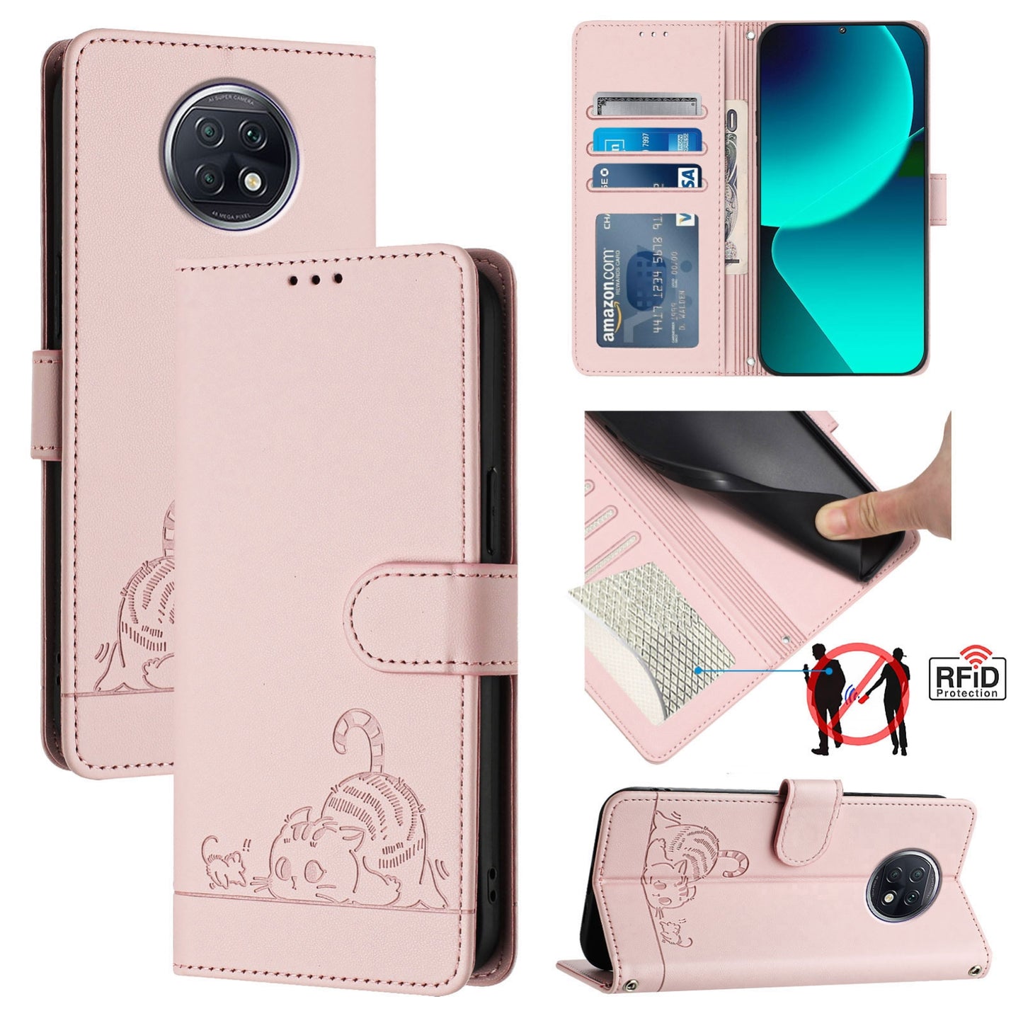 Xiaomi Redmi Note 9T Global Cat and Rat Embossed Pattern, RFID Leather Phone Case with Lanyard, Kickstand, and Wallet Features