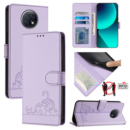 Xiaomi Redmi Note 9T Global Cat and Rat Embossed Pattern, RFID Leather Phone Case with Lanyard, Kickstand, and Wallet Features