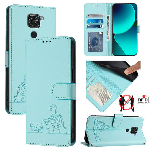 Xiaomi Redmi Note 9 4G Global Cat and Rat Embossed Pattern, RFID Leather Phone Case with Lanyard, Kickstand, and Wallet Features