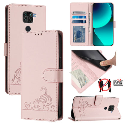 Xiaomi Redmi Note 9 4G Global Cat and Rat Embossed Pattern, RFID Leather Phone Case with Lanyard, Kickstand, and Wallet Features