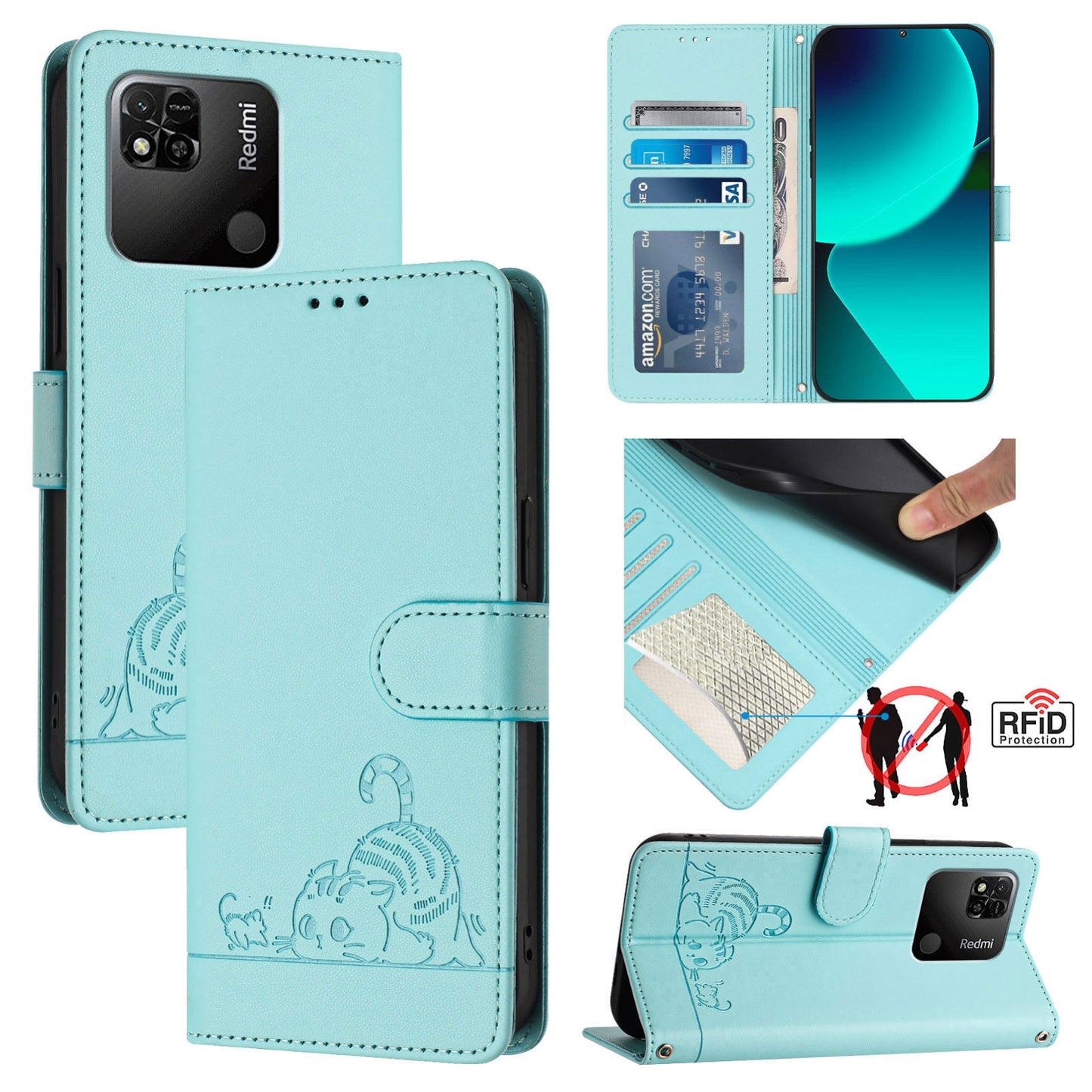 Xiaomi Redmi 9C Cat and Rat Embossed Pattern, RFID Leather Phone Case with Lanyard, Kickstand, and Wallet Features