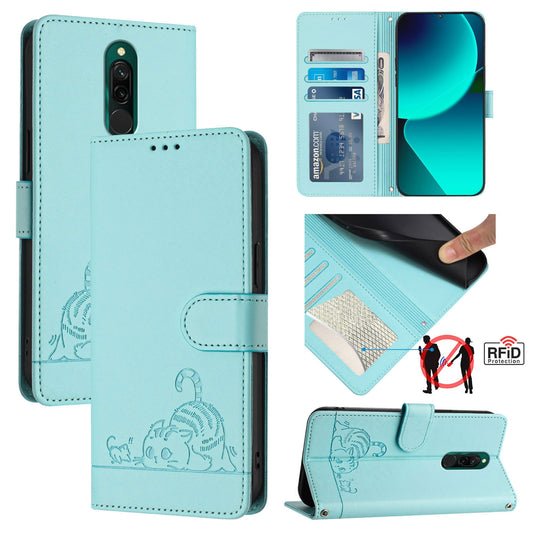 Xiaomi Redmi 8 Cat and Rat Embossed Pattern, RFID Leather Phone Case with Lanyard, Kickstand, and Wallet Features