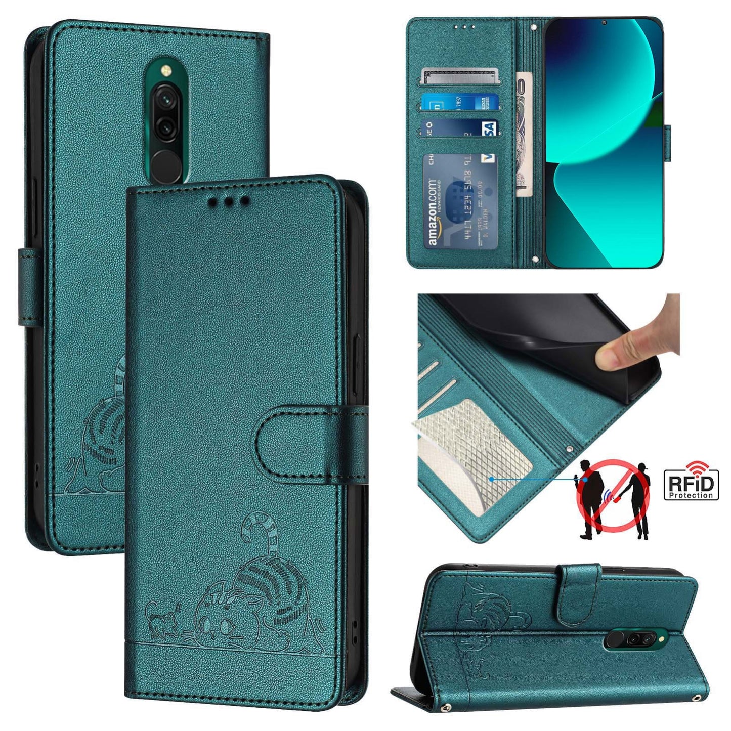 Xiaomi Redmi 8 Cat and Rat Embossed Pattern, RFID Leather Phone Case with Lanyard, Kickstand, and Wallet Features