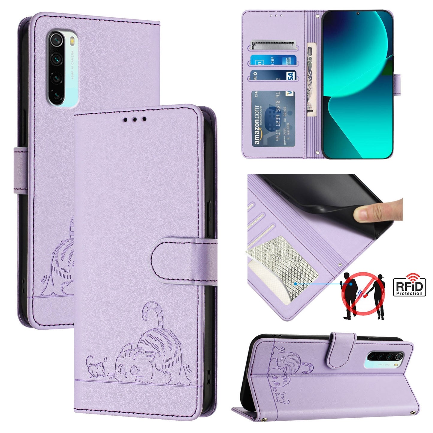 Xiaomi Redmi Note 8 Cat and Rat Embossed Pattern, RFID Leather Phone Case with Lanyard, Kickstand, and Wallet Features