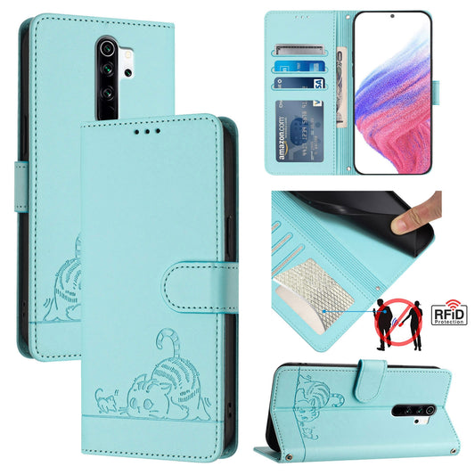 Xiaomi Redmi Note 8 Pro Cat and Rat Embossed Pattern, RFID Leather Phone Case with Lanyard, Kickstand, and Wallet Features