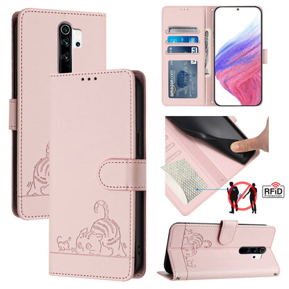 Xiaomi Redmi Note 8 Pro Cat and Rat Embossed Pattern, RFID Leather Phone Case with Lanyard, Kickstand, and Wallet Features