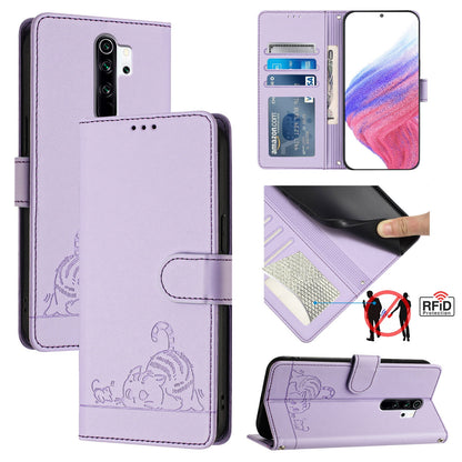 Xiaomi Redmi Note 8 Pro Cat and Rat Embossed Pattern, RFID Leather Phone Case with Lanyard, Kickstand, and Wallet Features