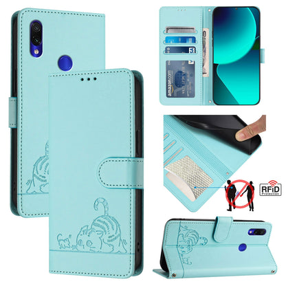 Xiaomi Redmi Note 7 Cat and Rat Embossed Pattern, RFID Leather Phone Case with Lanyard, Kickstand, and Wallet Features